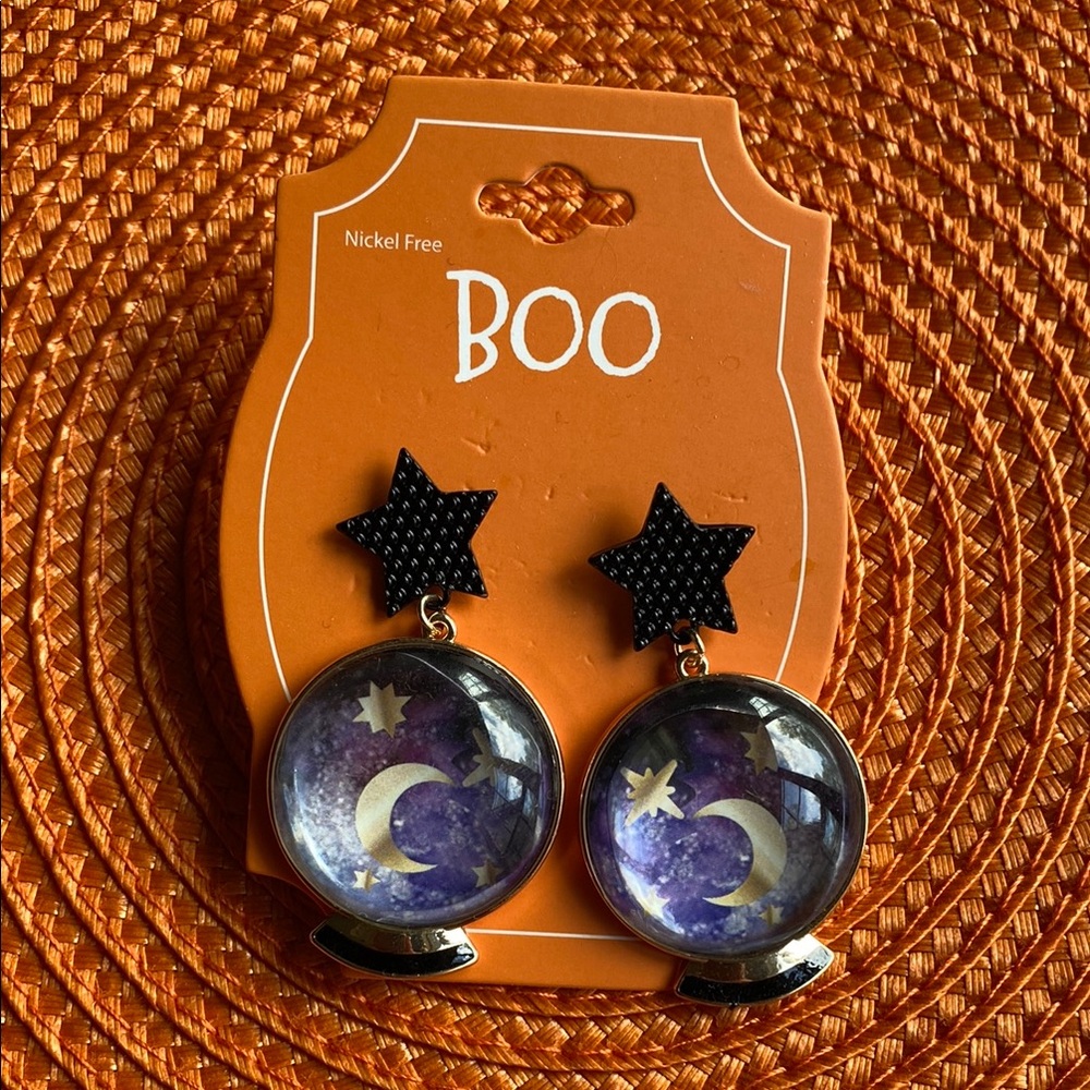 NWT Star and Moon Nickel Free Crystal Ball Earrings - Black and Purple by BOO